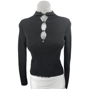 MNG Mango Women's Black Long Sleeve RIb Knit Cutout Mock Neck Sweater Top Size S